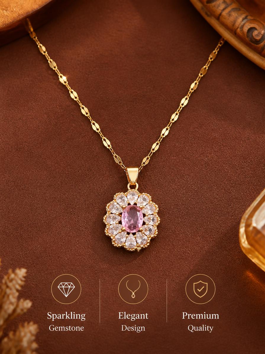 Gold Floral Crystal Pendant Necklace