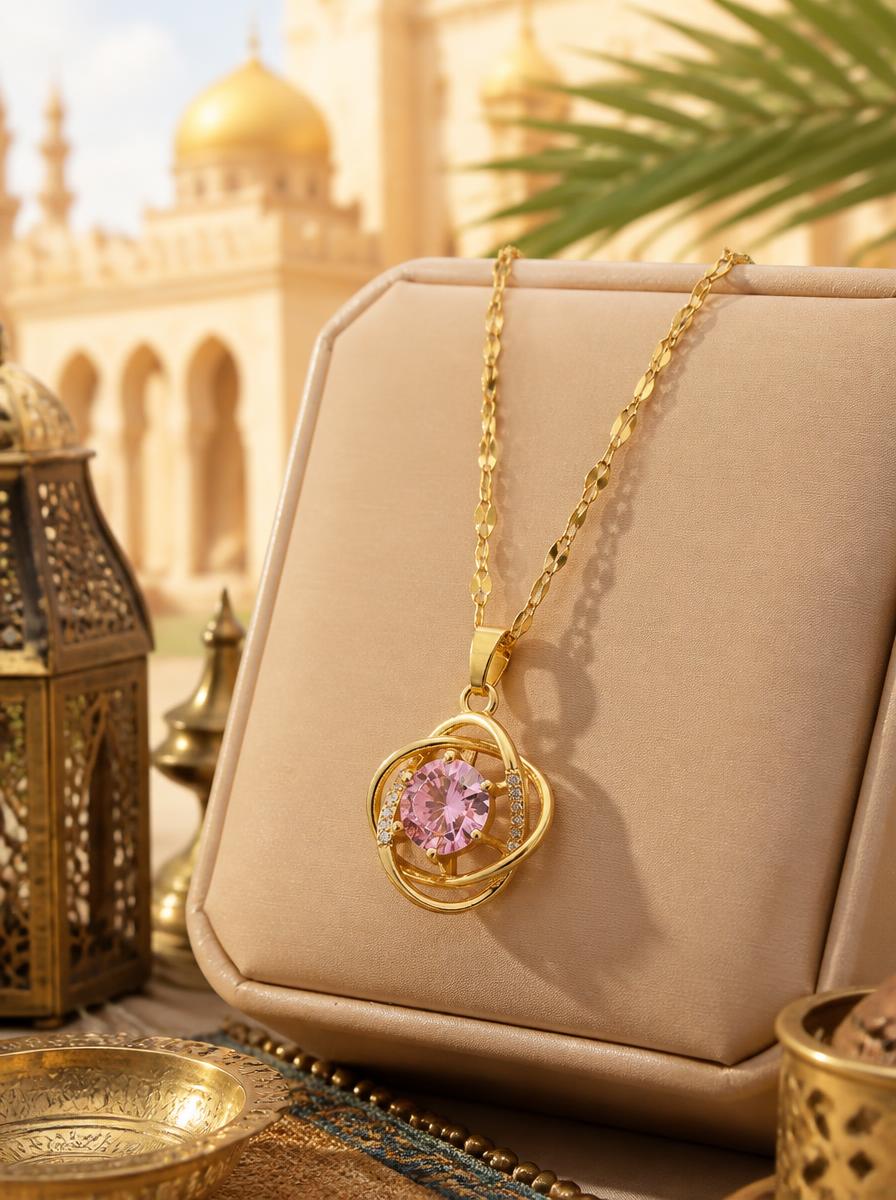 Golden Intertwined Pink Crystal Pendant Necklace