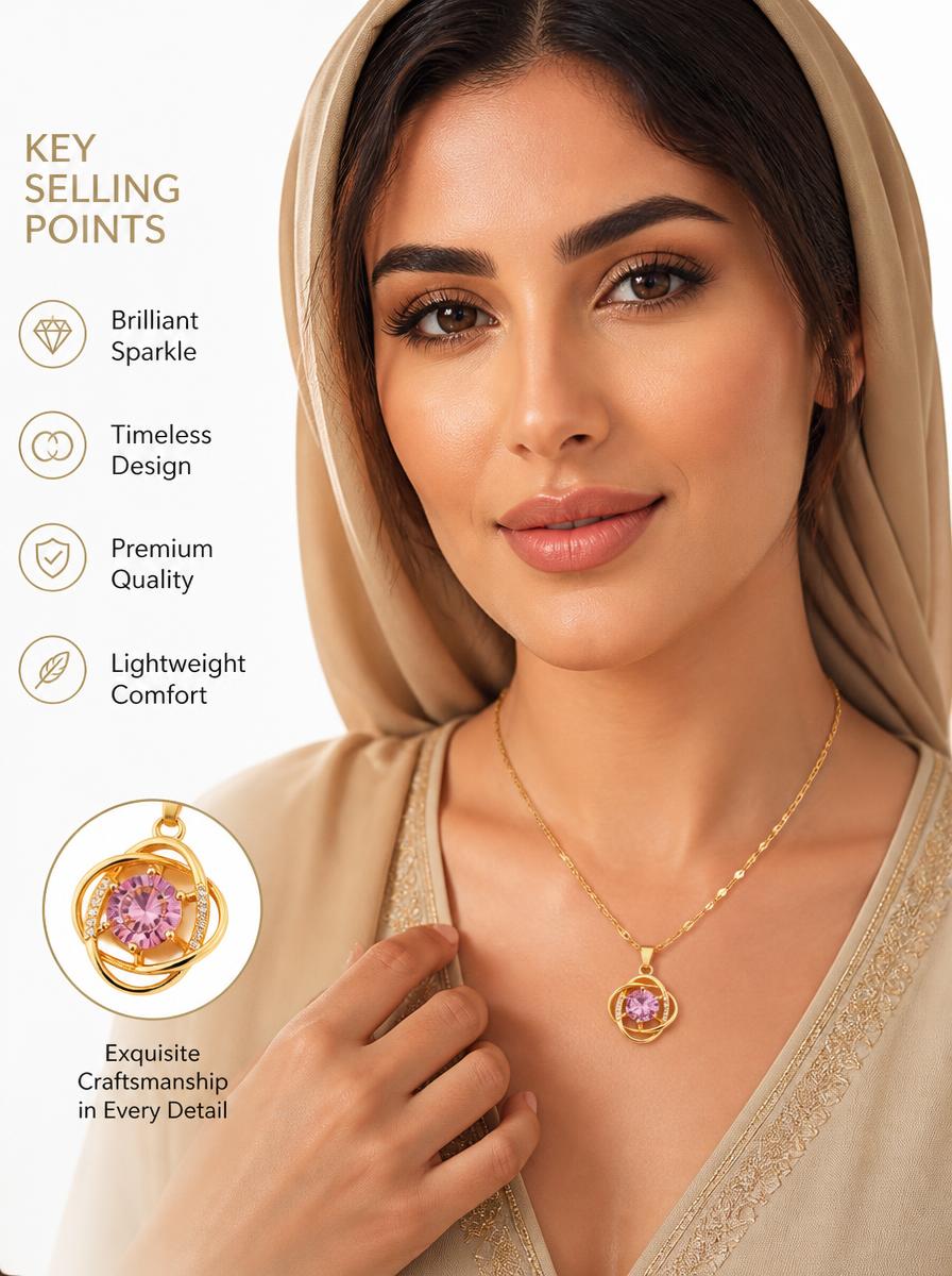 Golden Intertwined Pink Crystal Pendant Necklace