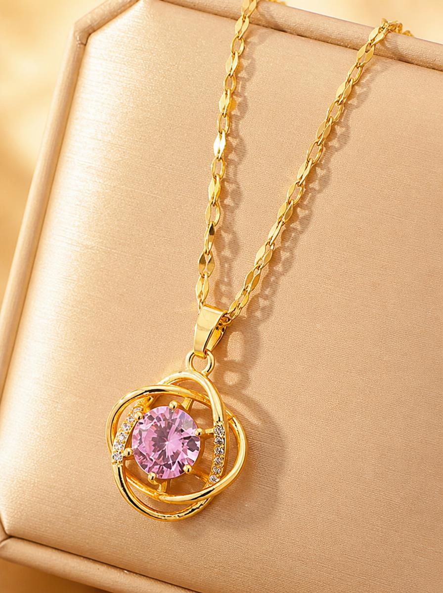 Golden Intertwined Pink Crystal Pendant Necklace