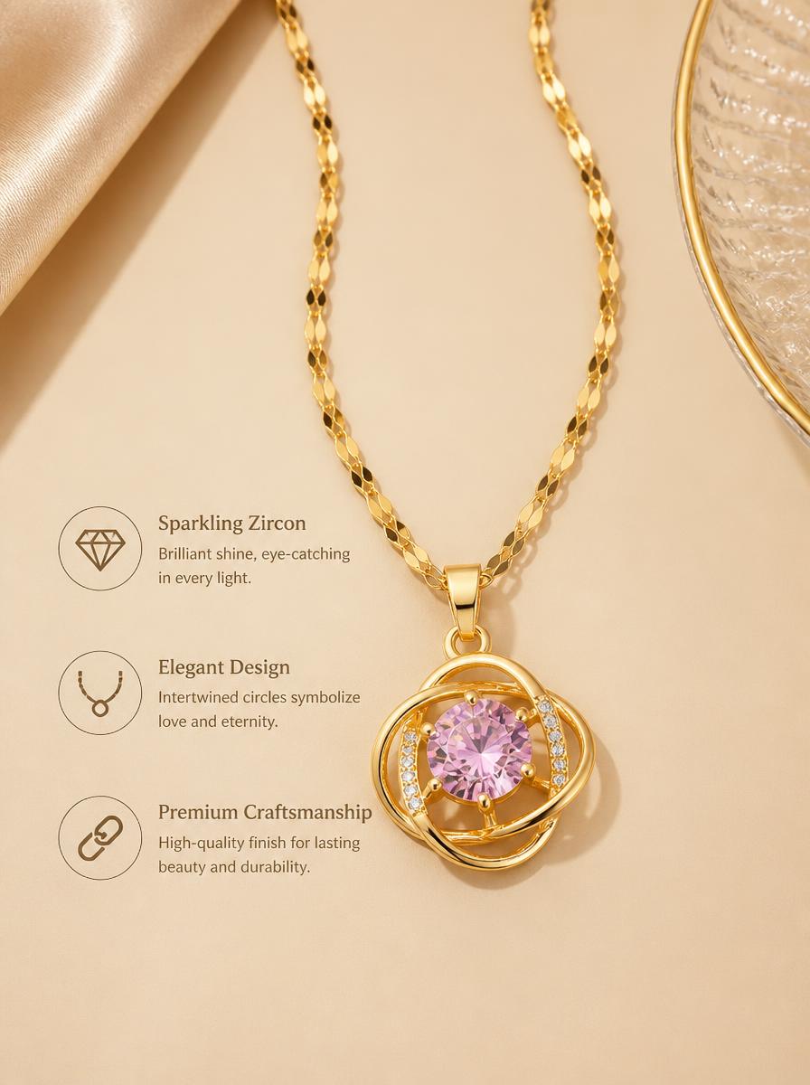 Golden Intertwined Pink Crystal Pendant Necklace