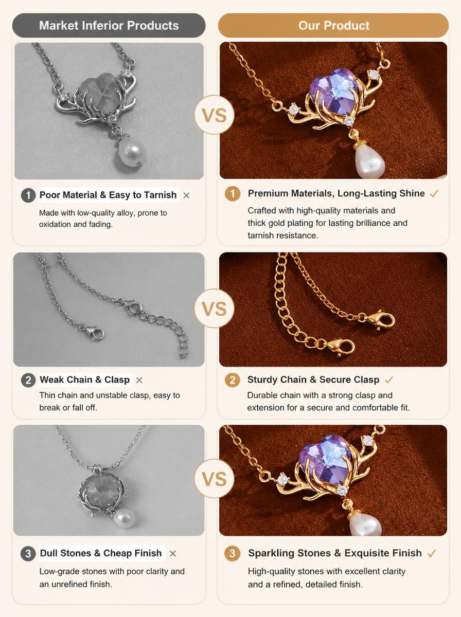 Golden Deer Antler Heart Pearl Necklace