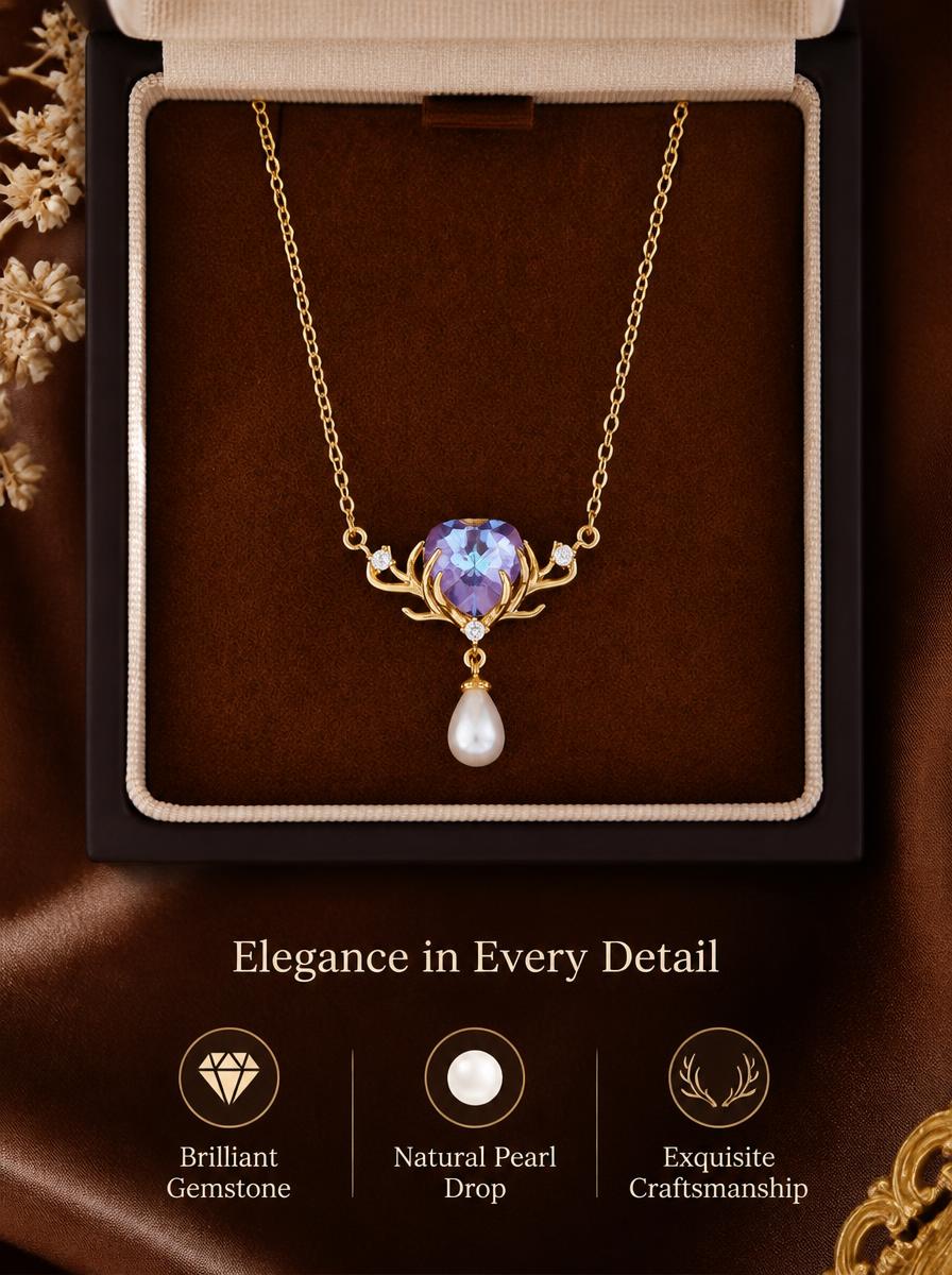 Golden Deer Antler Heart Pearl Necklace