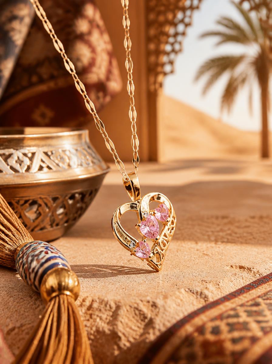 Gold Plated Heart Necklace with Pink Crystals