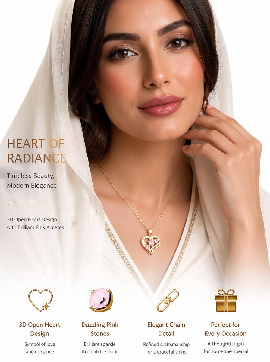 Gold Plated Heart Necklace with Pink Crystals