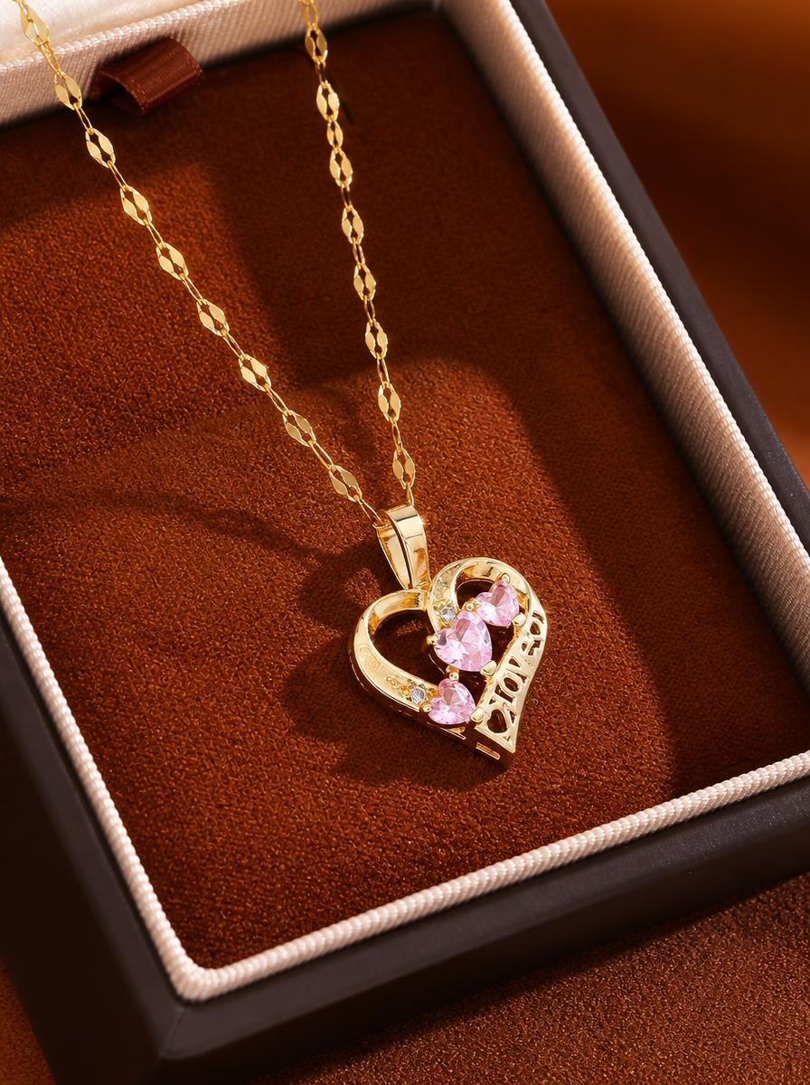 Gold Plated Heart Necklace with Pink Crystals