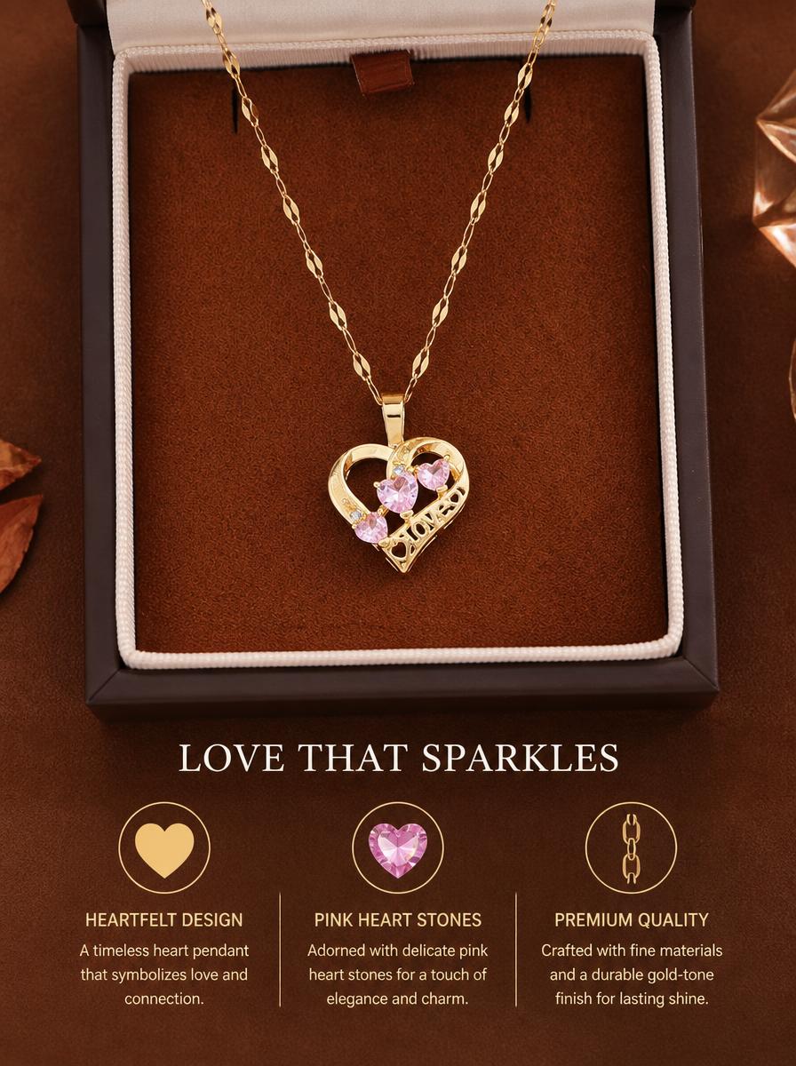 Gold Plated Heart Necklace with Pink Crystals