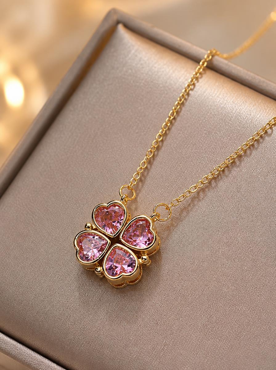 Pink Heart Clover Necklace