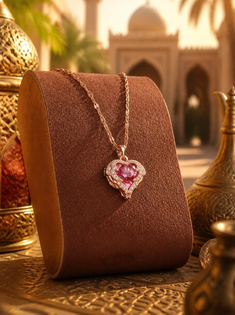 Rose Gold Pink Heart Crystal Necklace