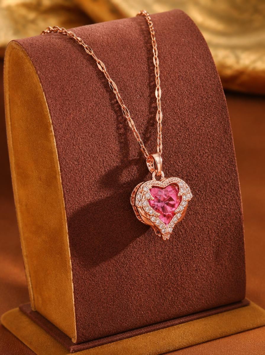 Rose Gold Pink Heart Crystal Necklace