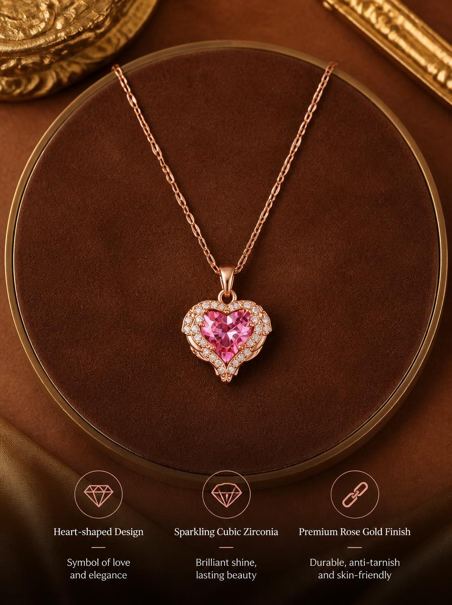 Rose Gold Pink Heart Crystal Necklace