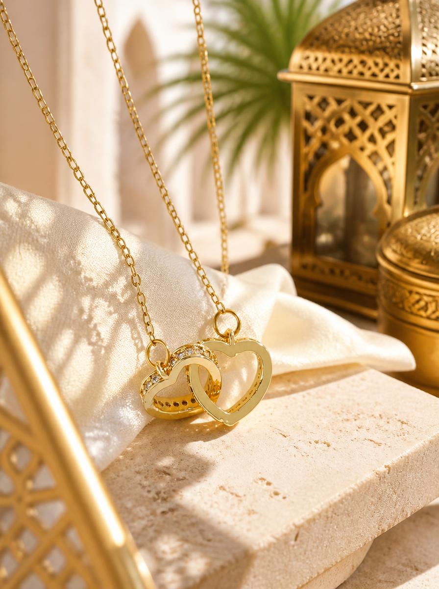Golden Interlocked Heart Pendant Necklace