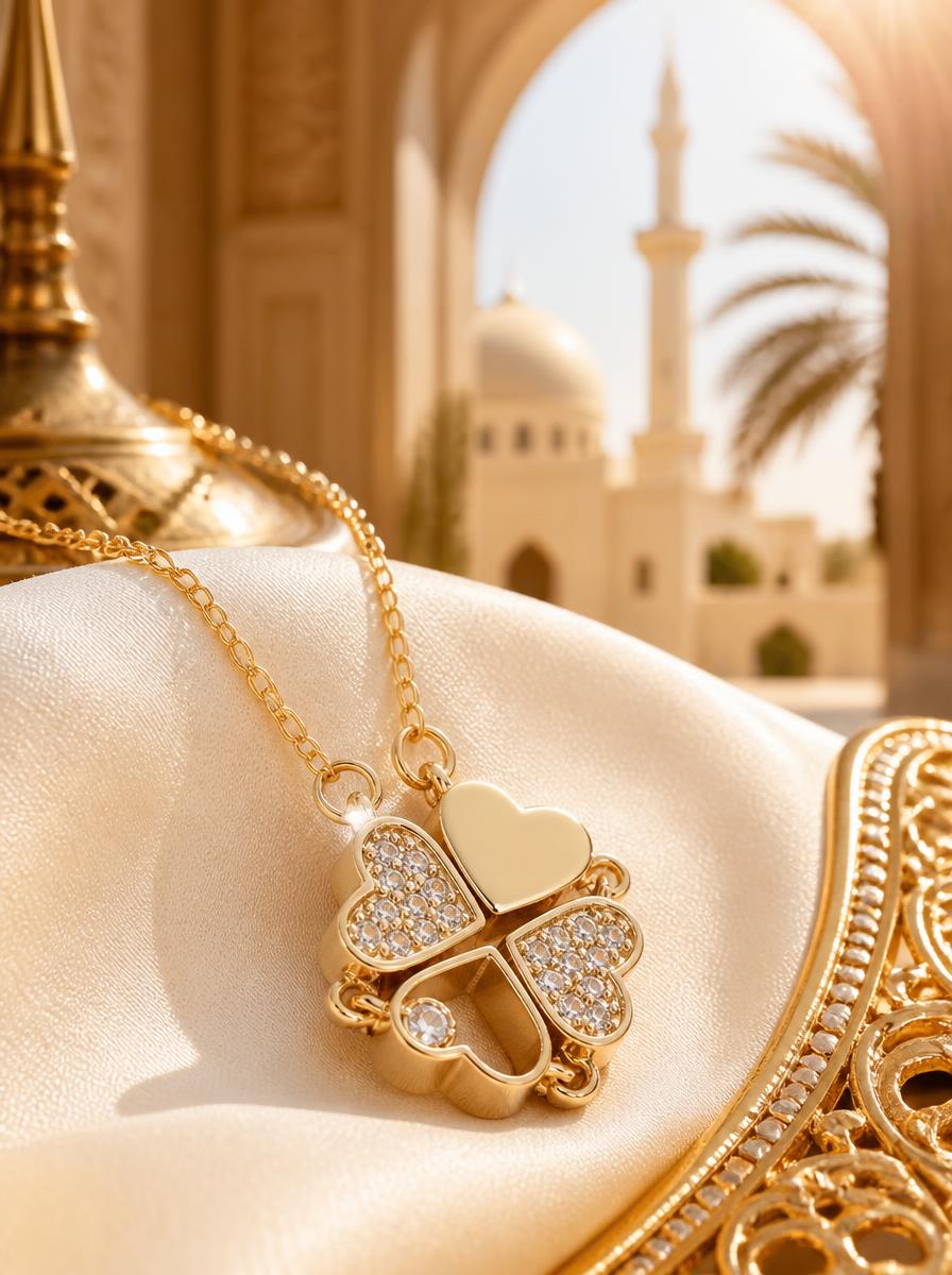 Gold Four-Leaf Clover Heart Necklace