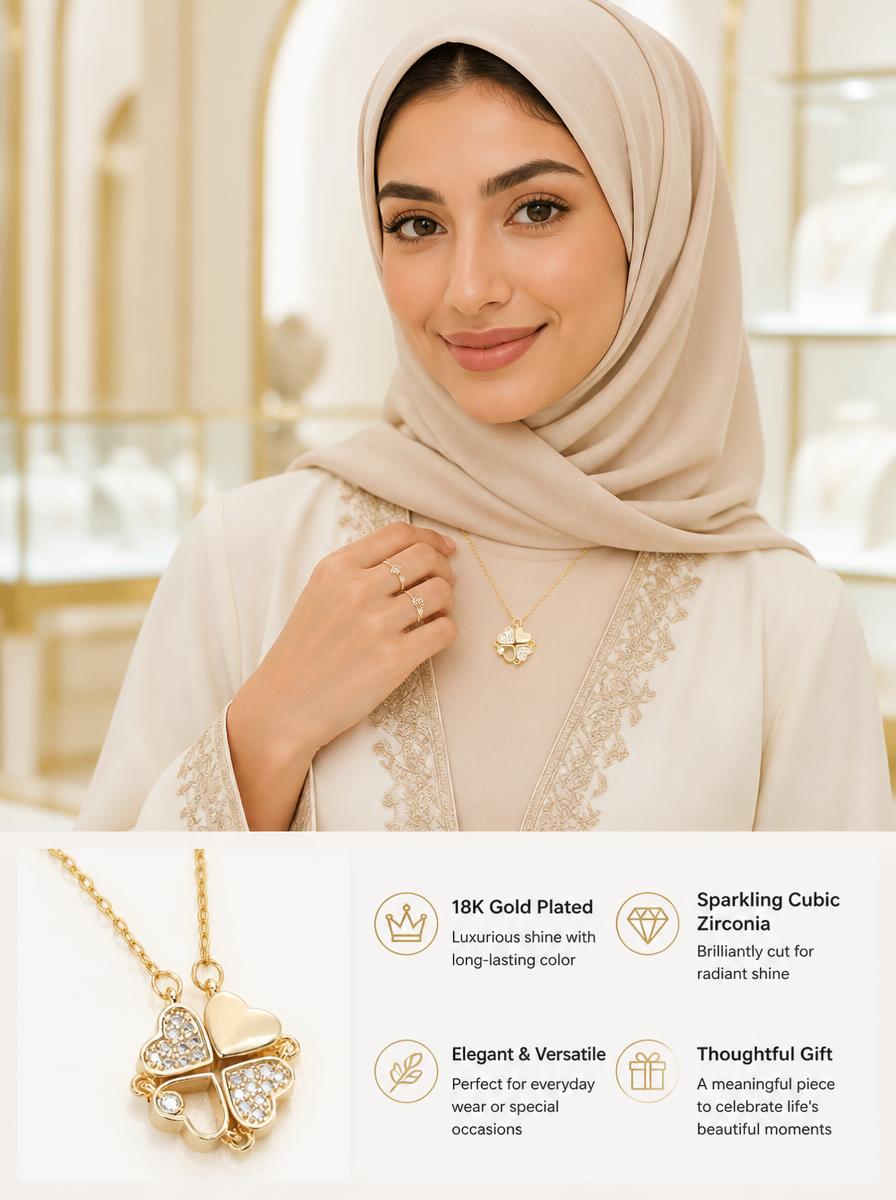 Gold Four-Leaf Clover Heart Necklace