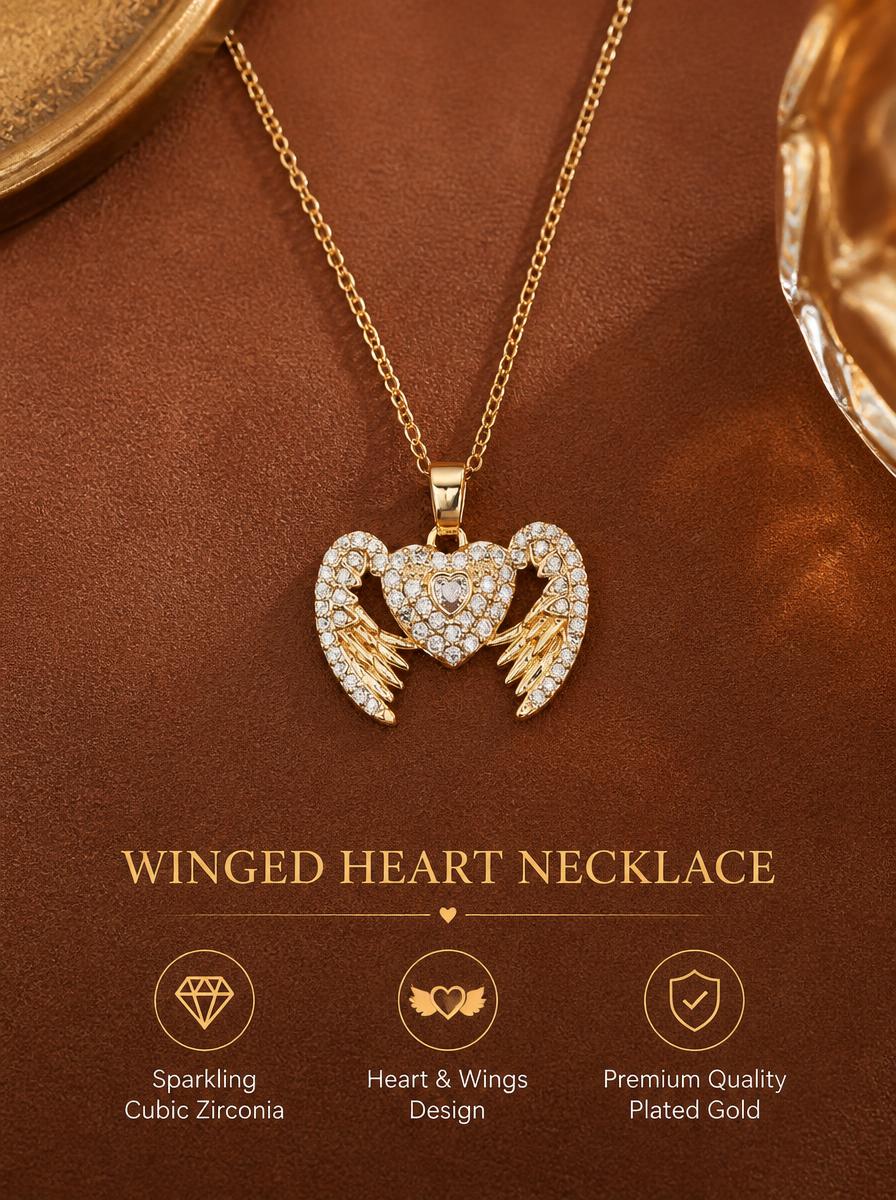 Golden Heart Wing Pendant Necklace