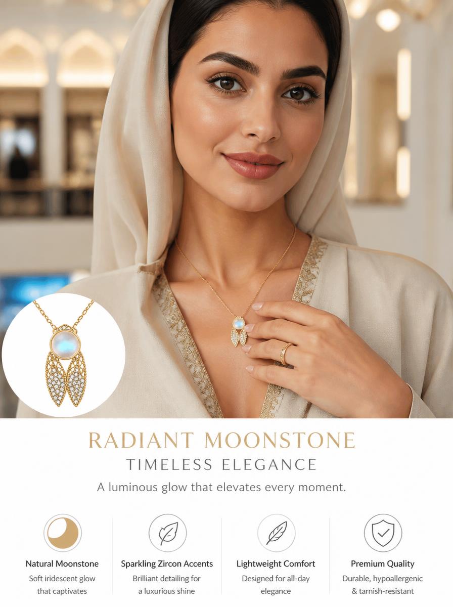 Golden Moonstone Feather Pendant Necklace