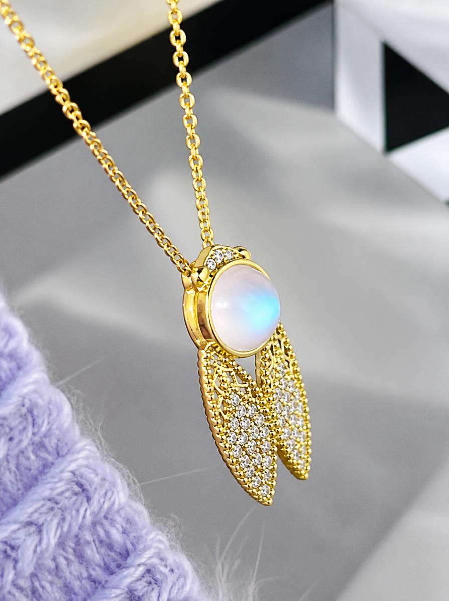 Golden Moonstone Feather Pendant Necklace