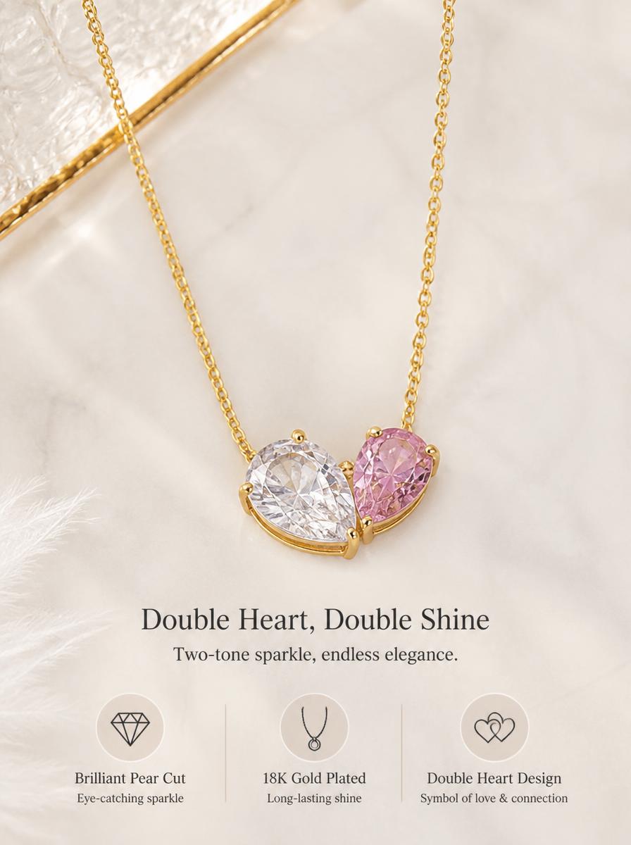 Two Heart Color Gem Necklace