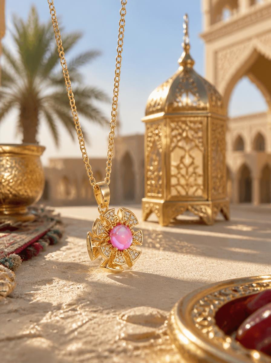 Gold Plated Pink Opal Blossom Pendant Necklace