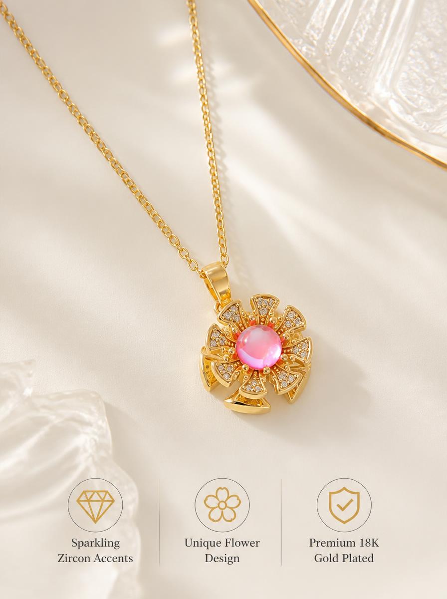 Gold Plated Pink Opal Blossom Pendant Necklace