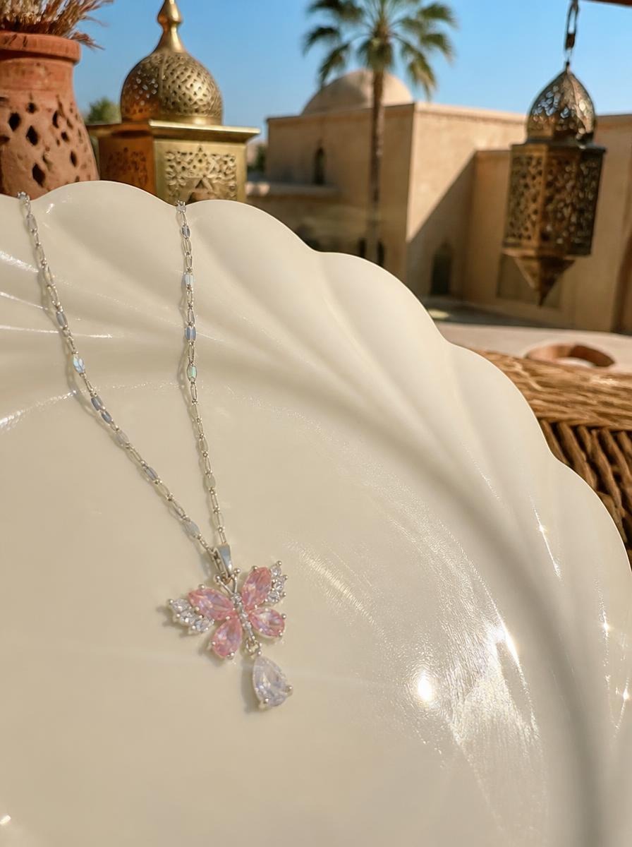 Silver Pink Butterfly Necklace