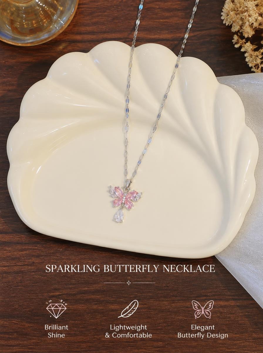 Silver Pink Butterfly Necklace