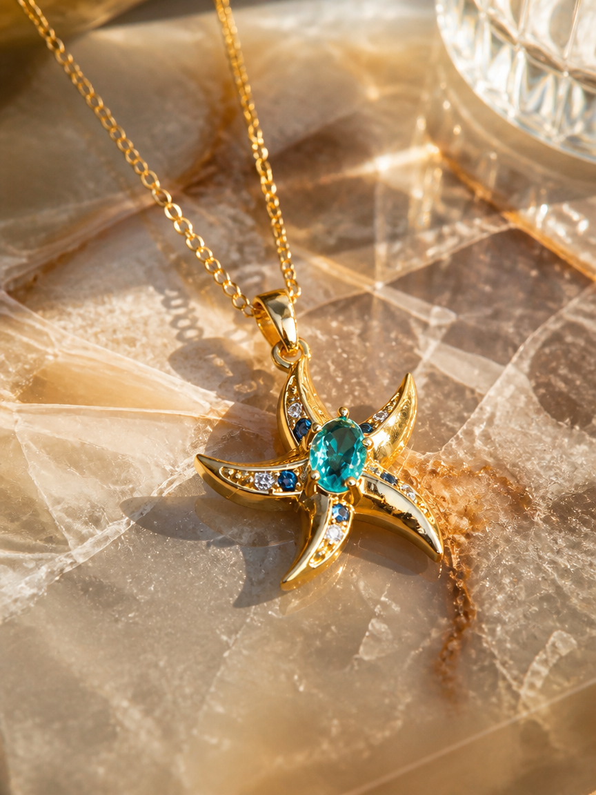 Teal Zircon Starfish Necklace