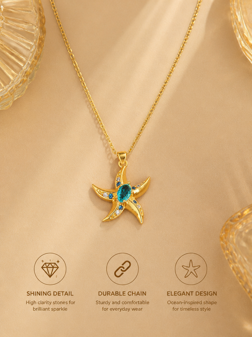 Teal Zircon Starfish Necklace