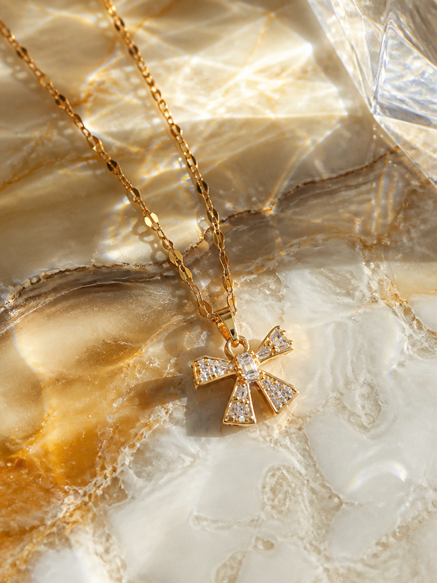 Golden Zircon Bow Necklace