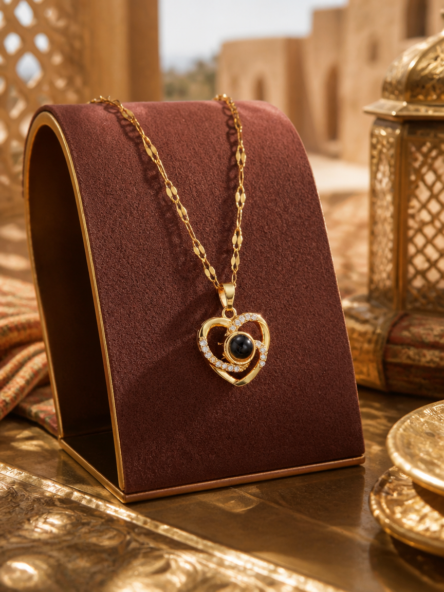 Double Loop Heart Black Bead Necklace