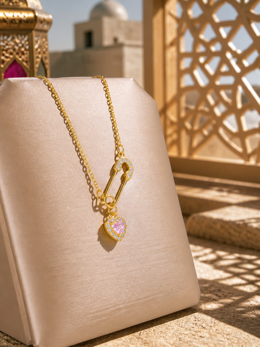 Safety Pin Pink Heart Zircon Necklace