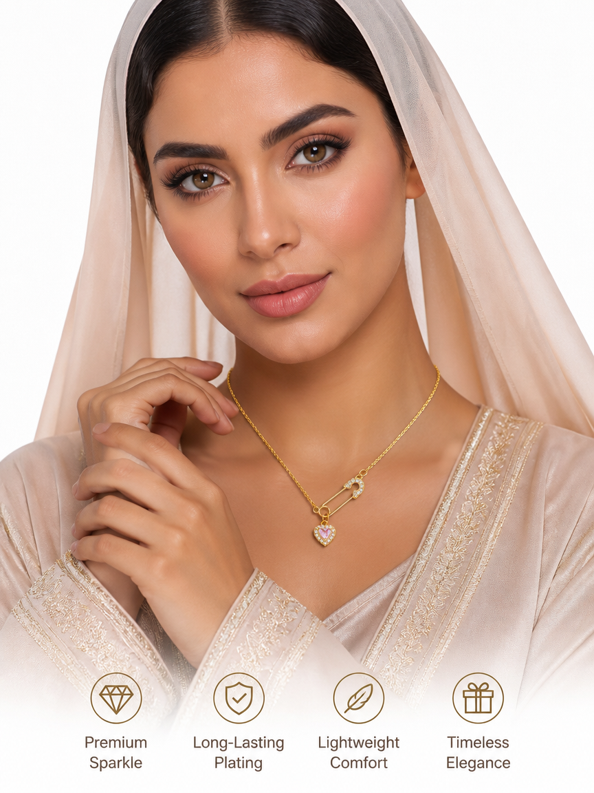 Safety Pin Pink Heart Zircon Necklace