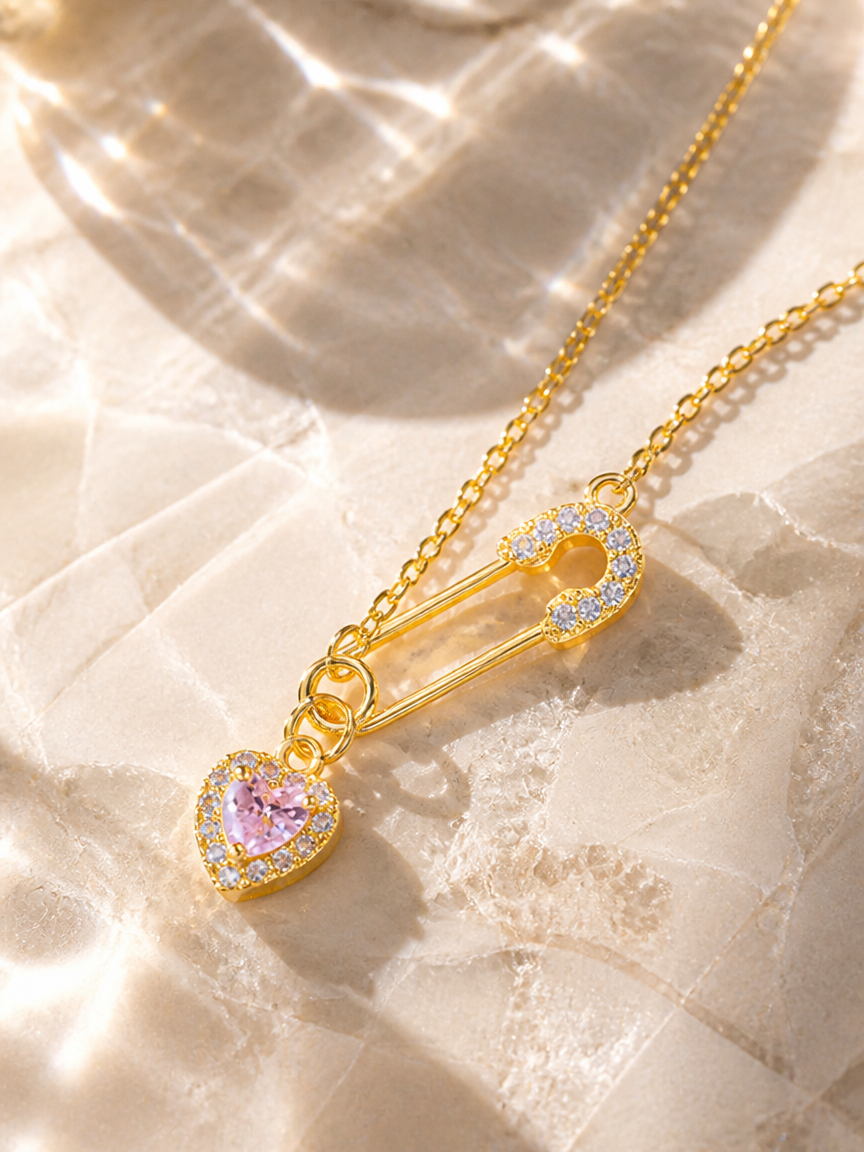 Safety Pin Pink Heart Zircon Necklace