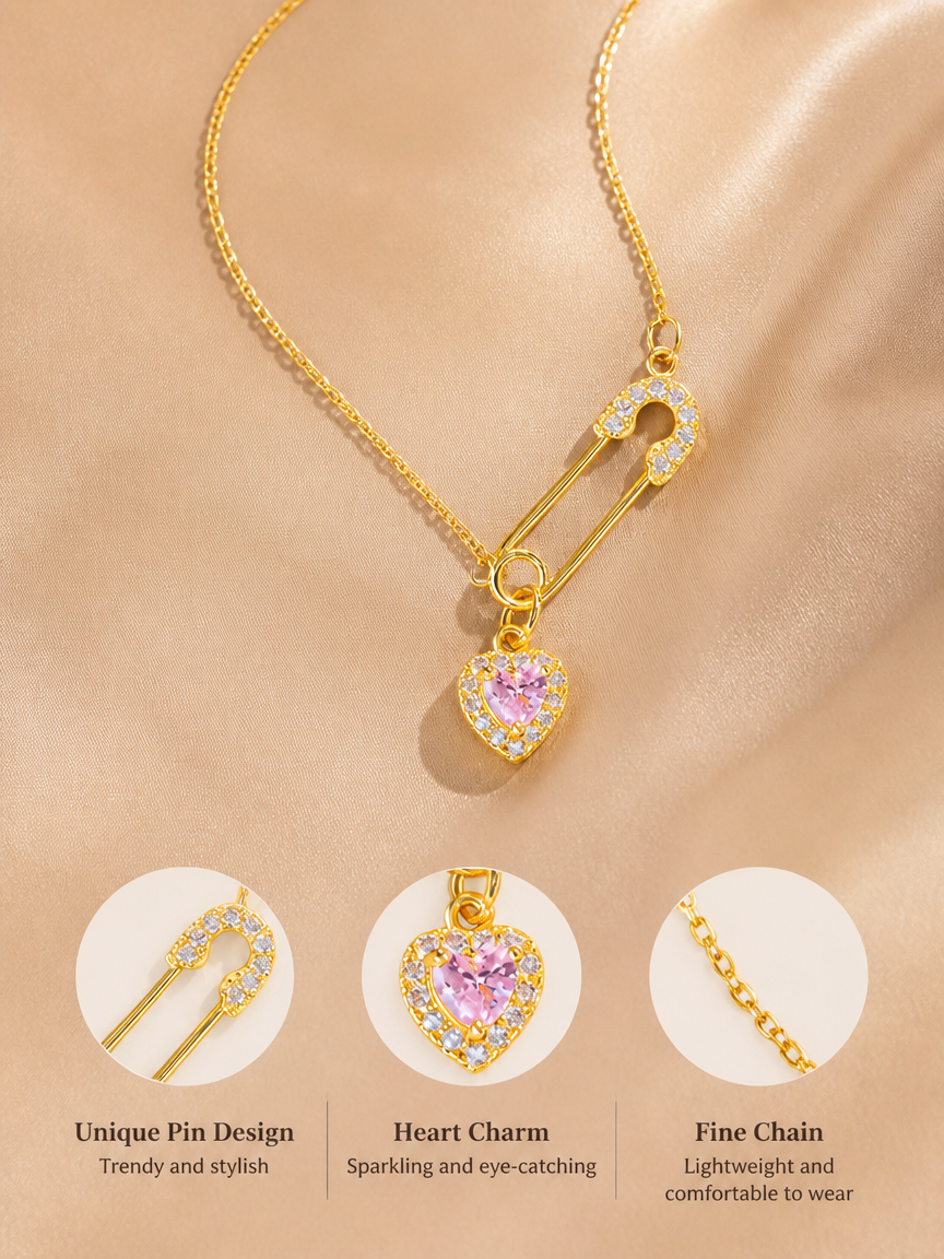 Safety Pin Pink Heart Zircon Necklace