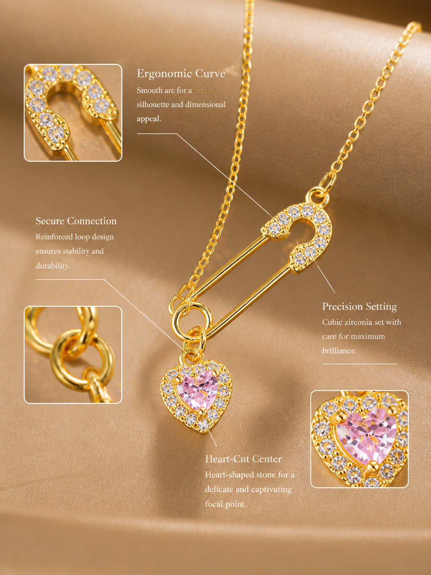 Safety Pin Pink Heart Zircon Necklace