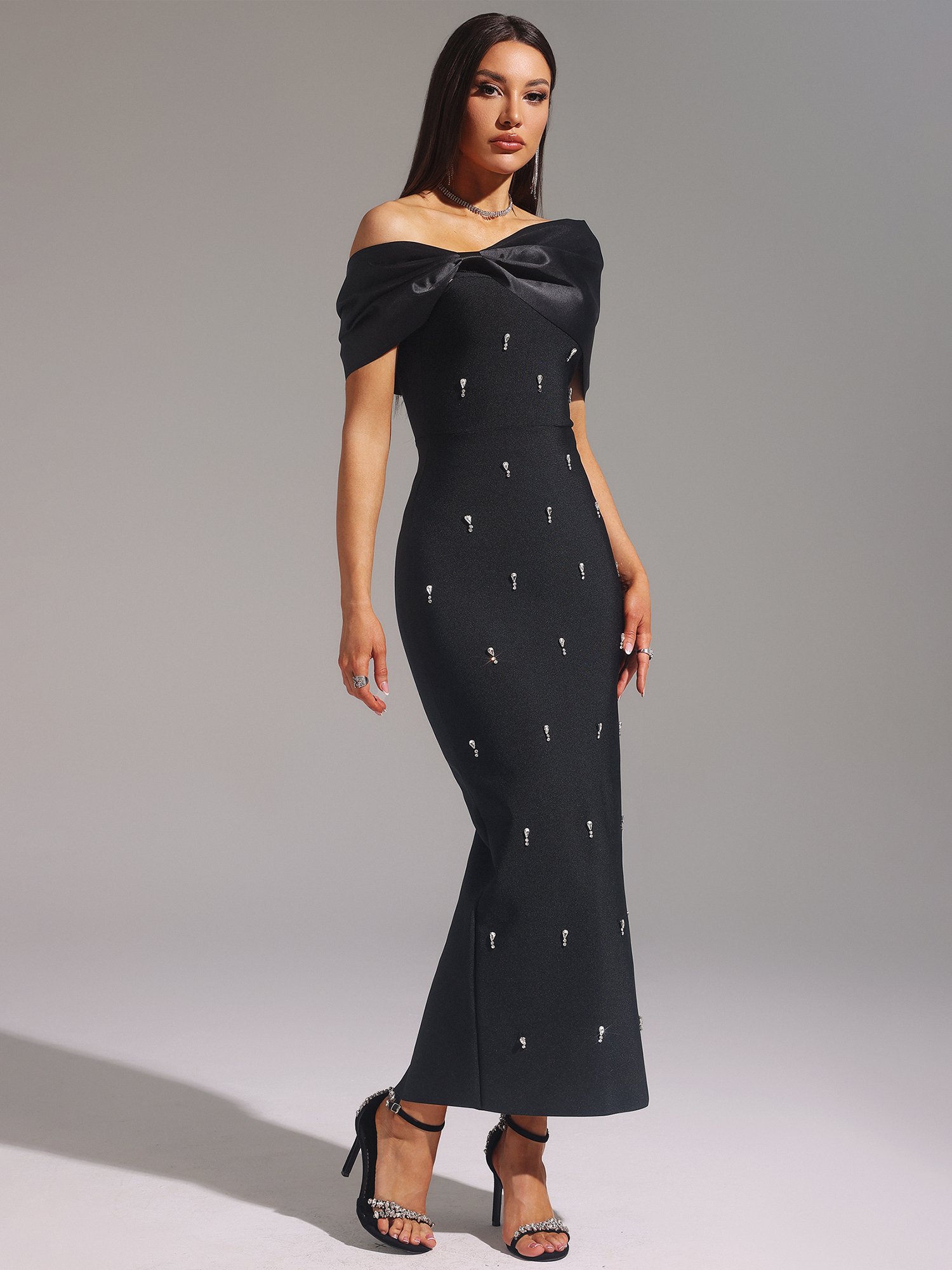 Palez Sleeveless One Shoulder Diamond Bow Bandage Maxi Dress