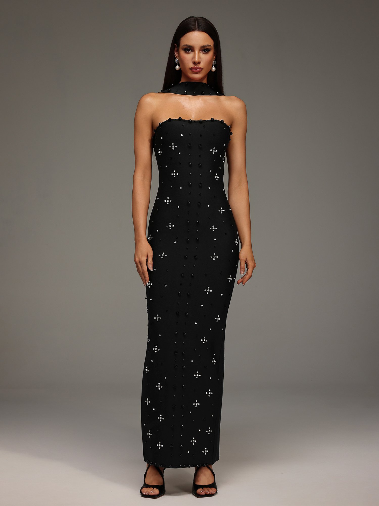 Nesya Sleeveless Pearl Bandage Maxi Dress