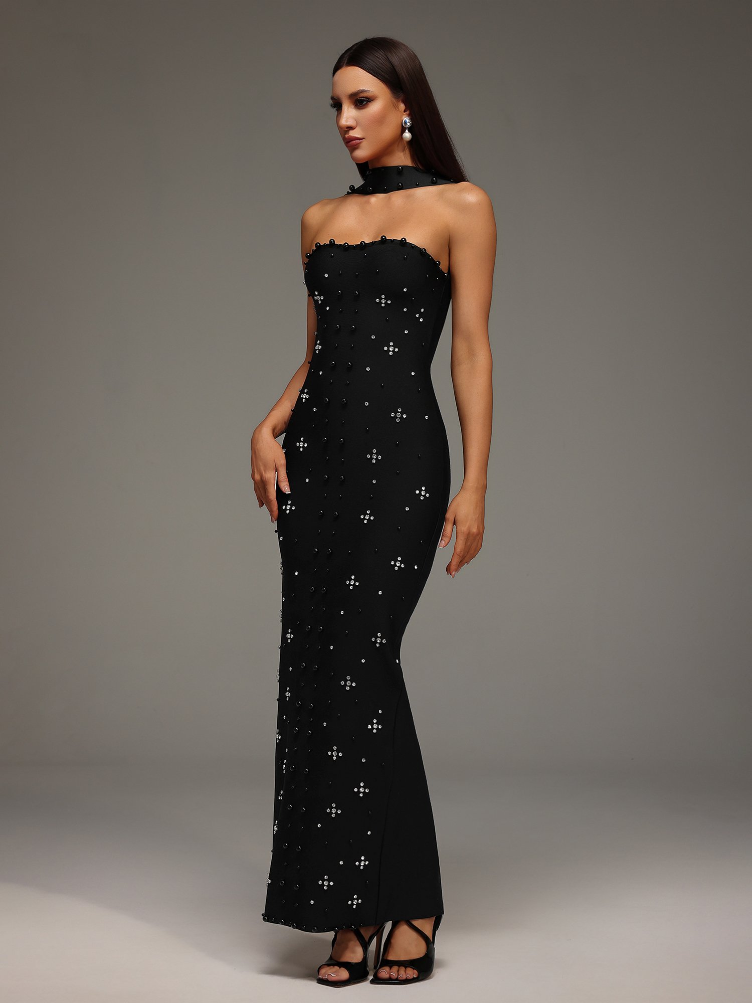 Nesya Sleeveless Pearl Bandage Maxi Dress