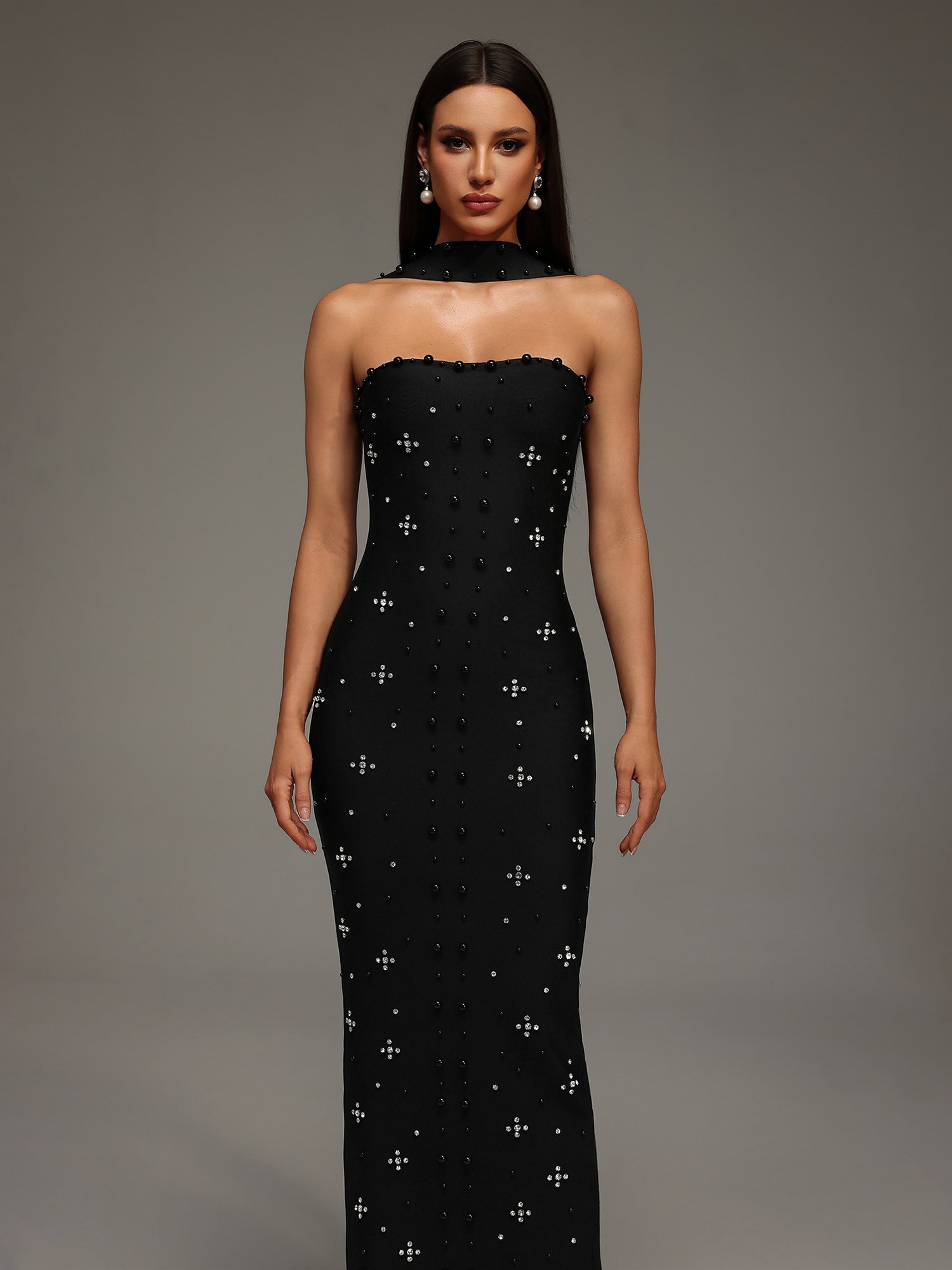 Nesya Sleeveless Pearl Bandage Maxi Dress