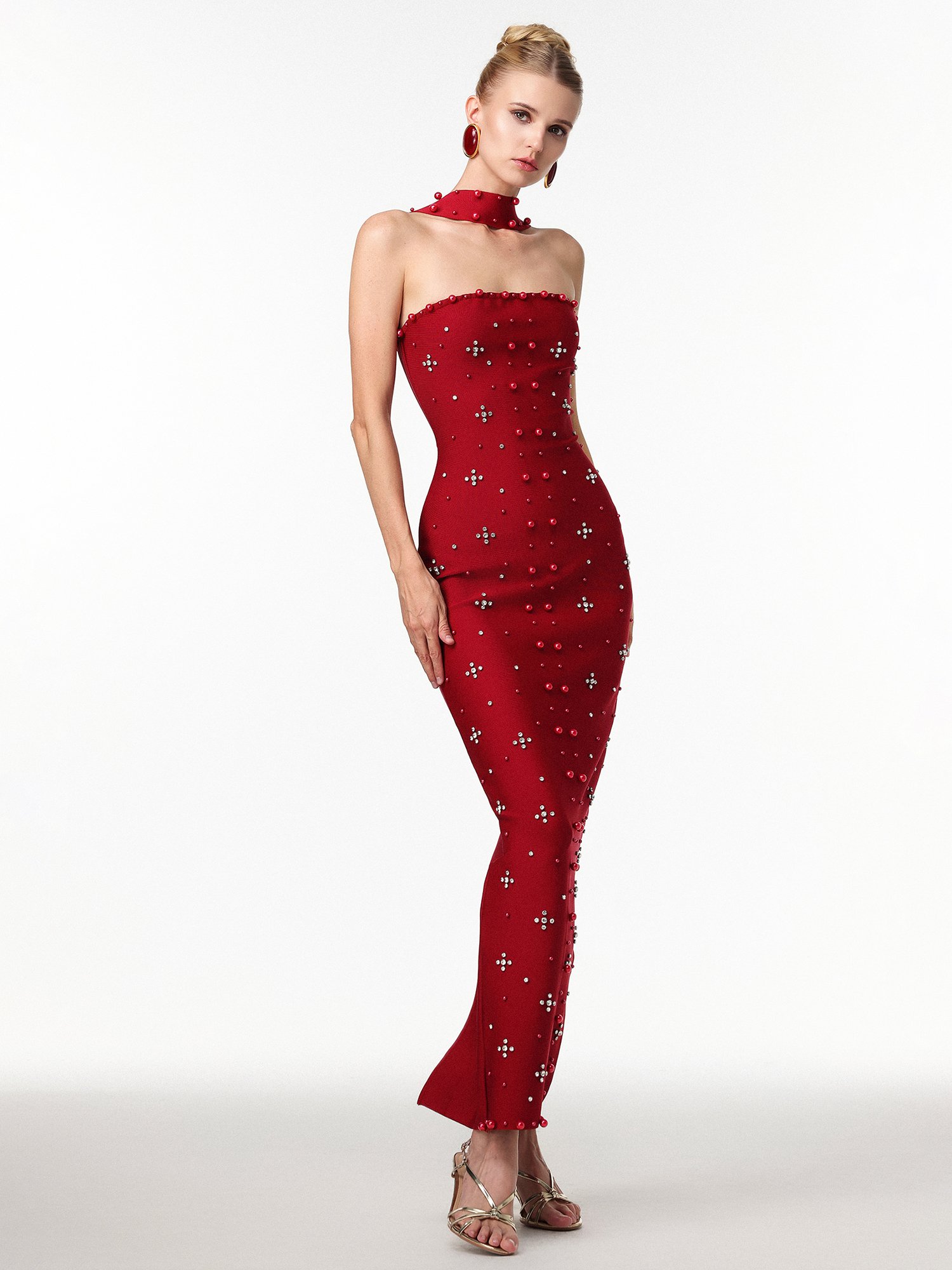 Nesya Sleeveless Pearl Wine Bandage Maxi Dress
