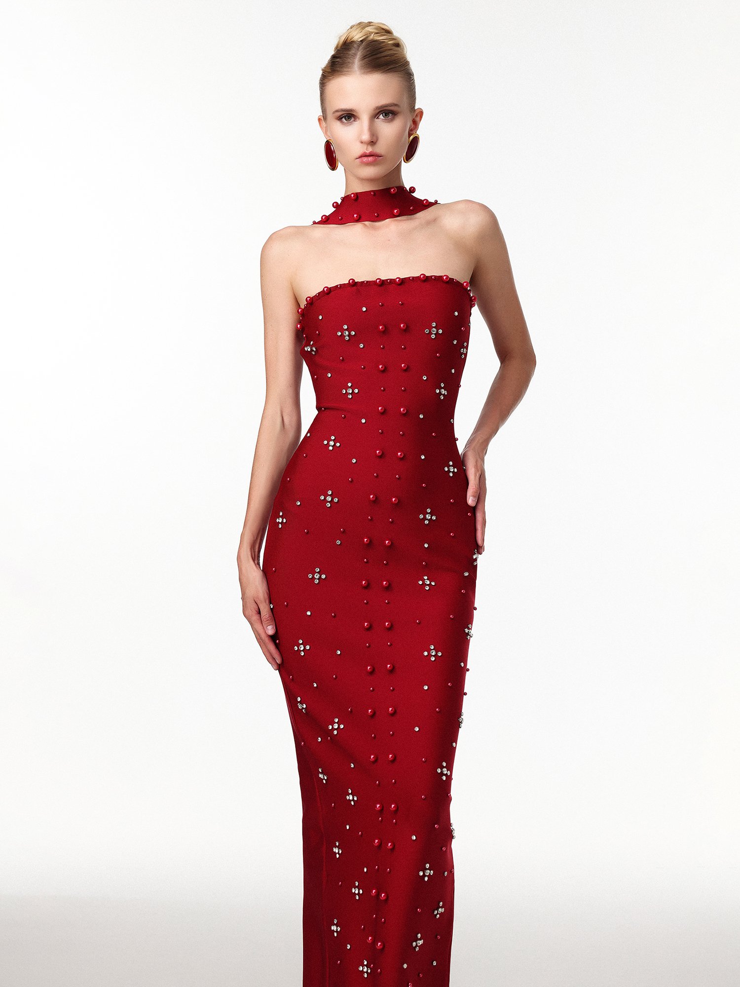 Nesya Sleeveless Pearl Wine Bandage Maxi Dress