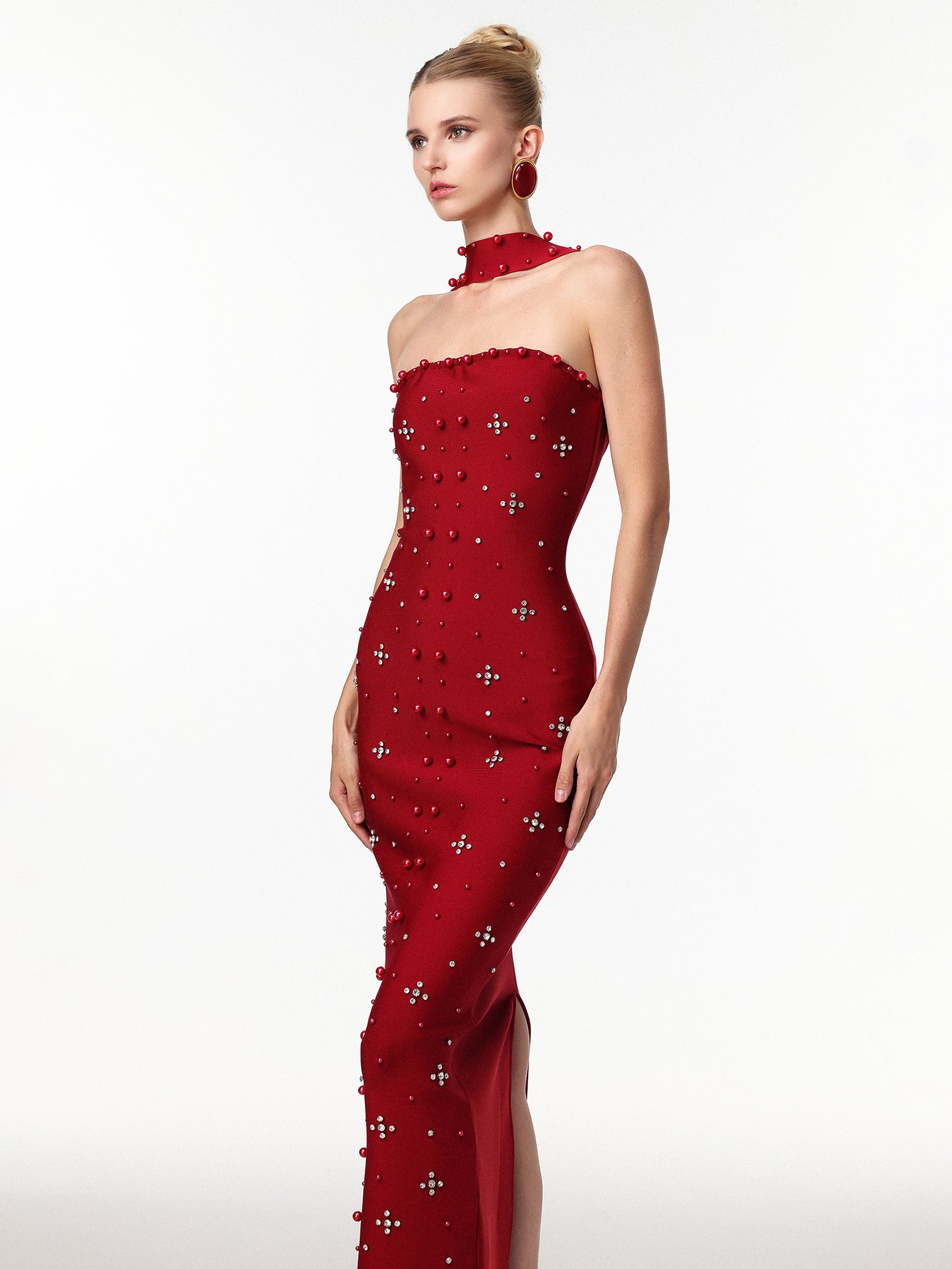 Nesya Sleeveless Pearl Wine Bandage Maxi Dress