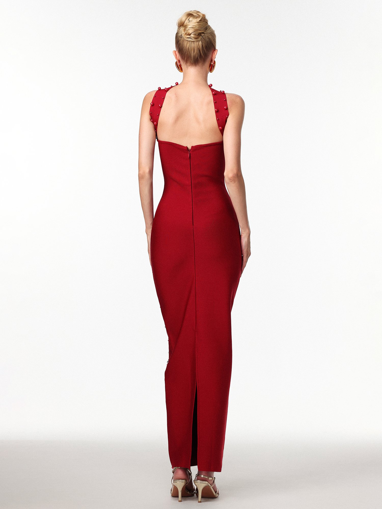 Nesya Sleeveless Pearl Wine Bandage Maxi Dress