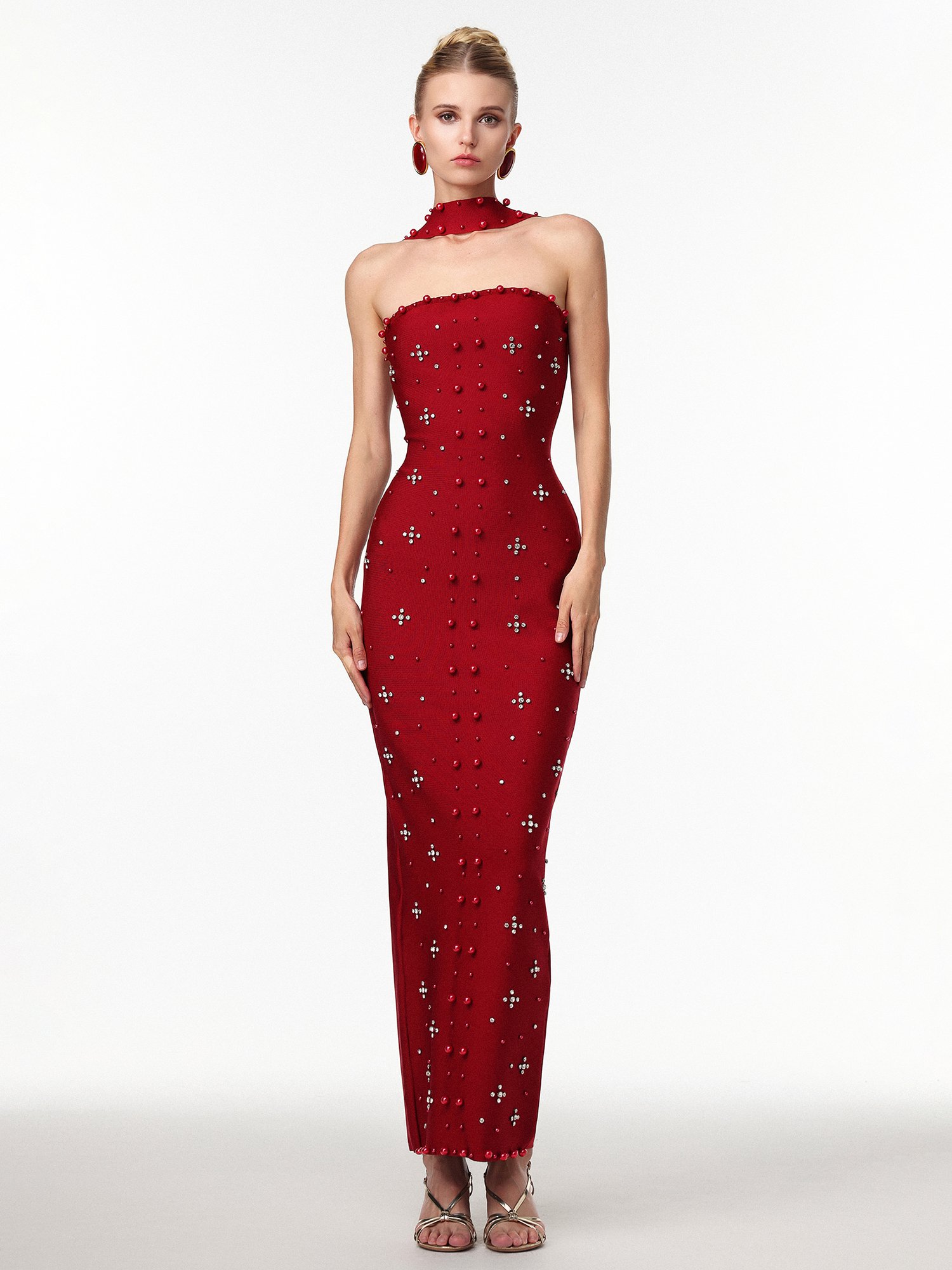 Nesya Sleeveless Pearl Wine Bandage Maxi Dress