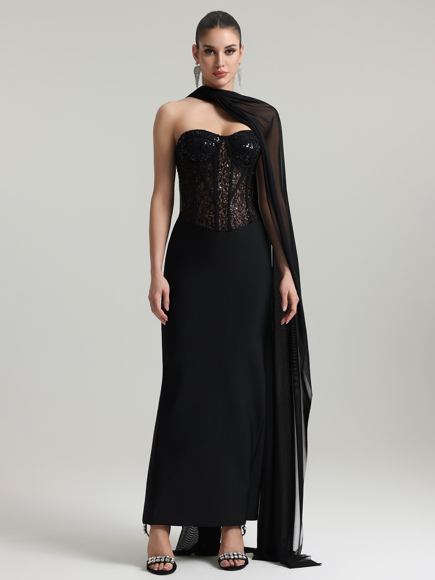Dodou Strapless Cape Sequin Bandage Maxi Dress