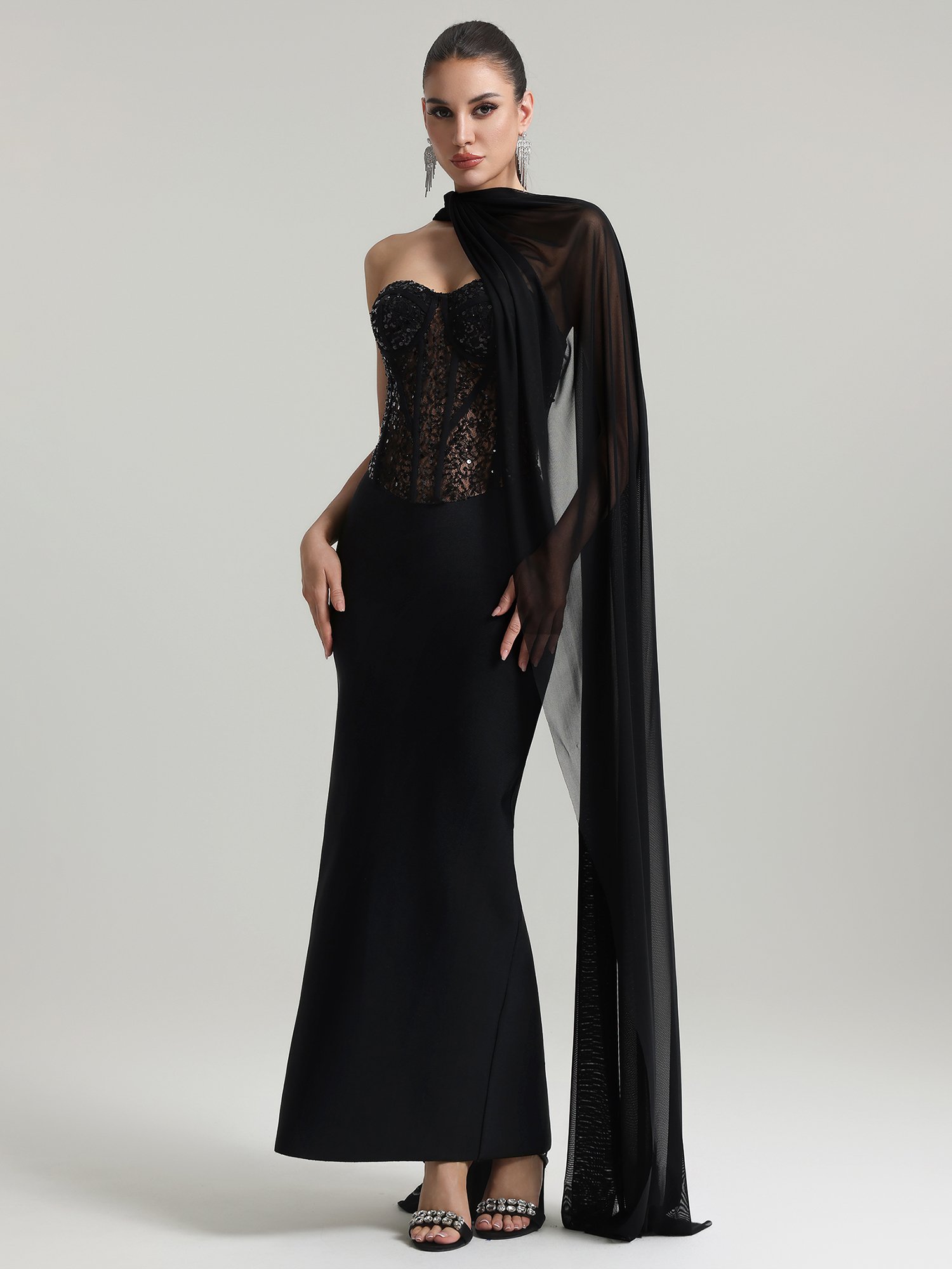 Dodou Strapless Cape Sequin Bandage Maxi Dress