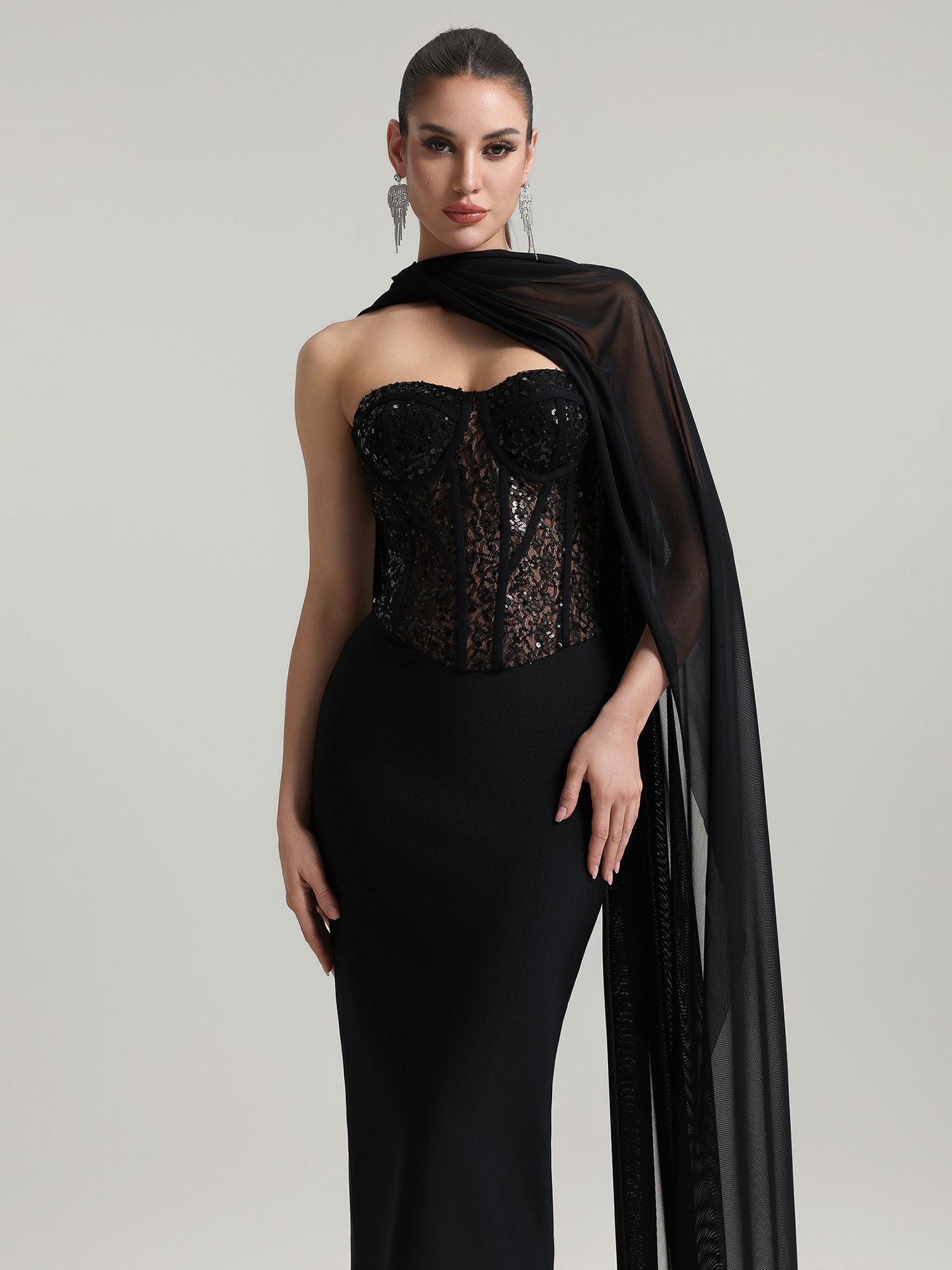 Dodou Strapless Cape Sequin Bandage Maxi Dress
