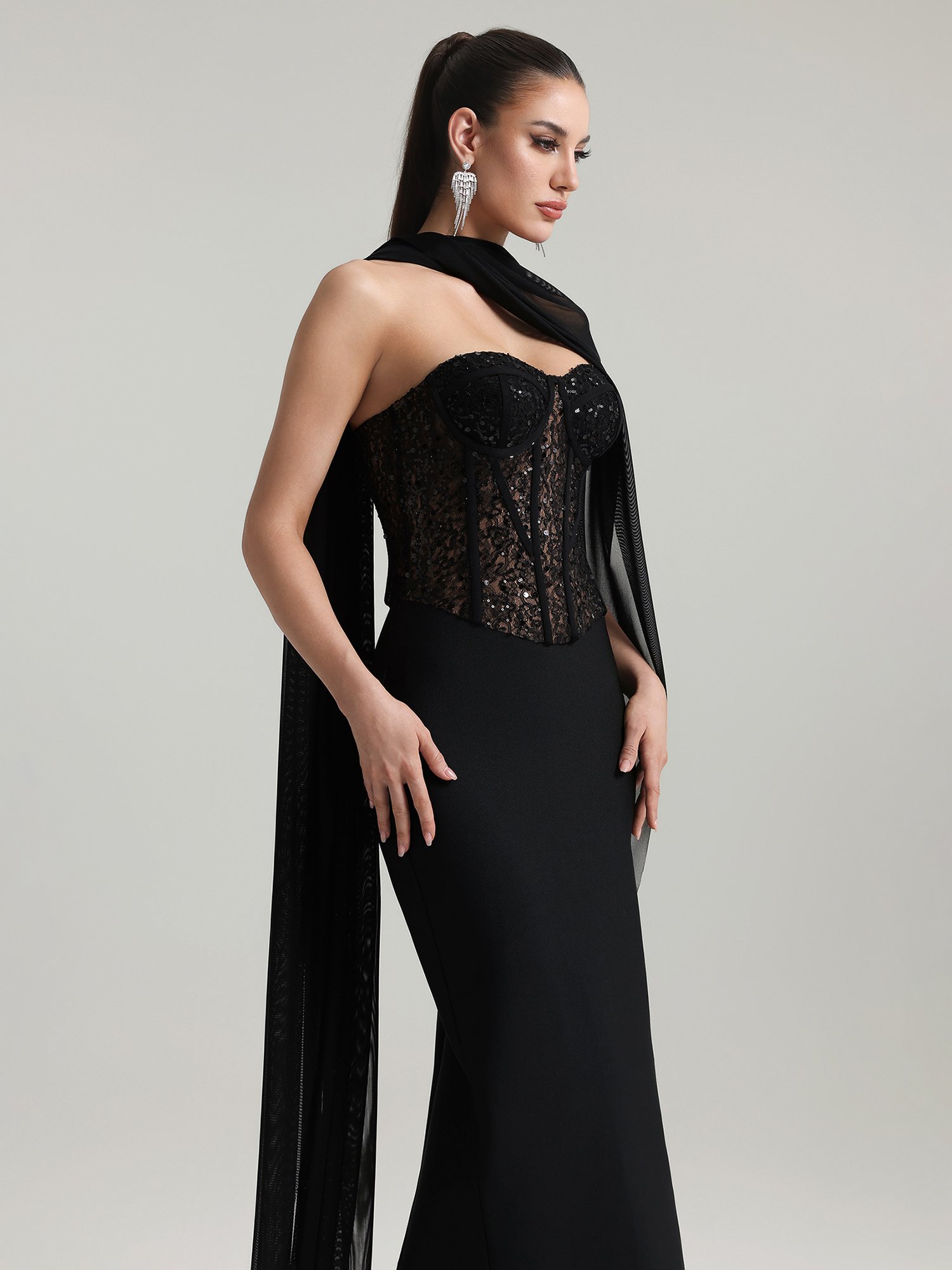 Dodou Strapless Cape Sequin Bandage Maxi Dress
