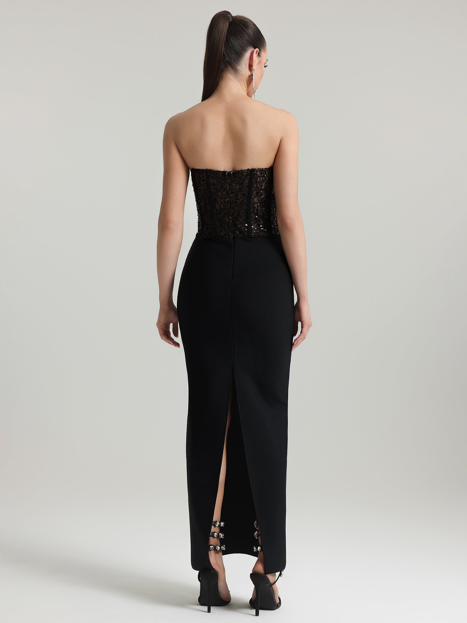Dodou Strapless Cape Sequin Bandage Maxi Dress