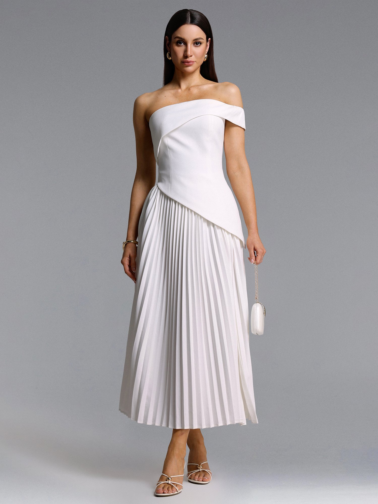 Vickee Elegant Tailored Off Shoulder Asymmetric Pleated Maxi Dress